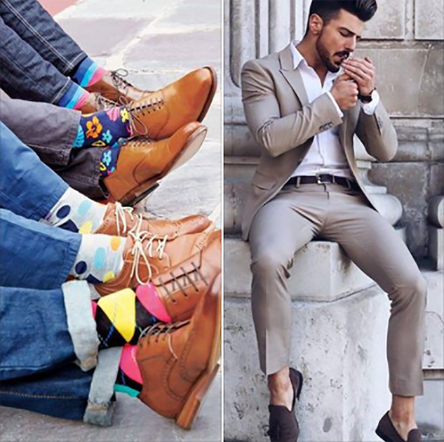 Zapatos de hombre de moda con hermosos pies en calcetines.